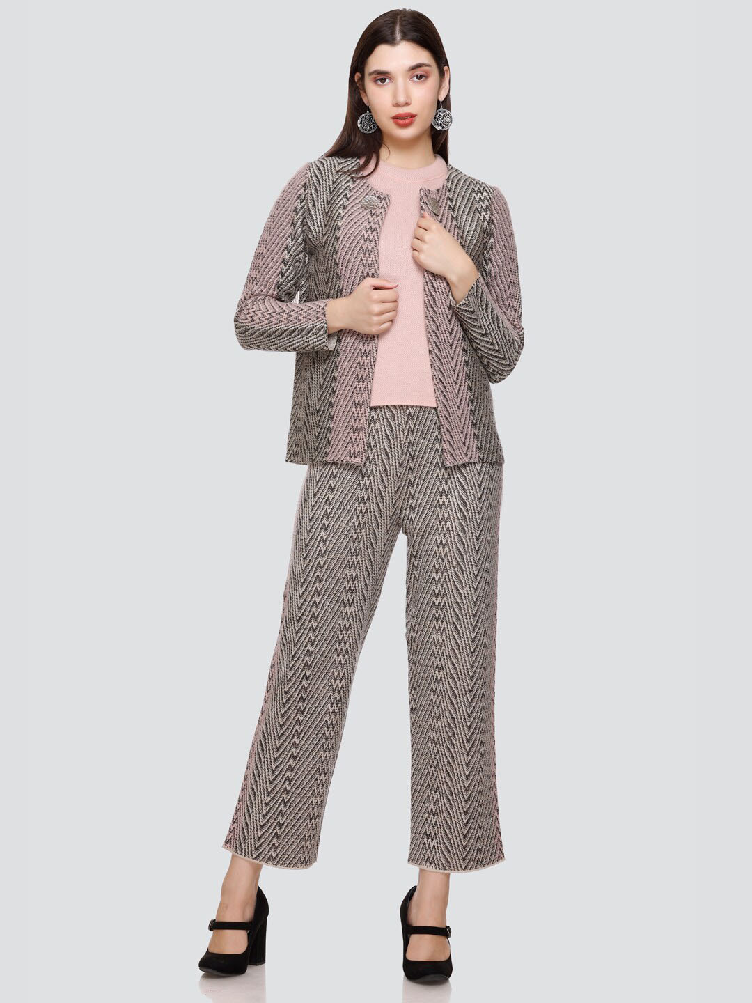 Elthia Self Design Acrylic T-shirt & Trouser With Jacket