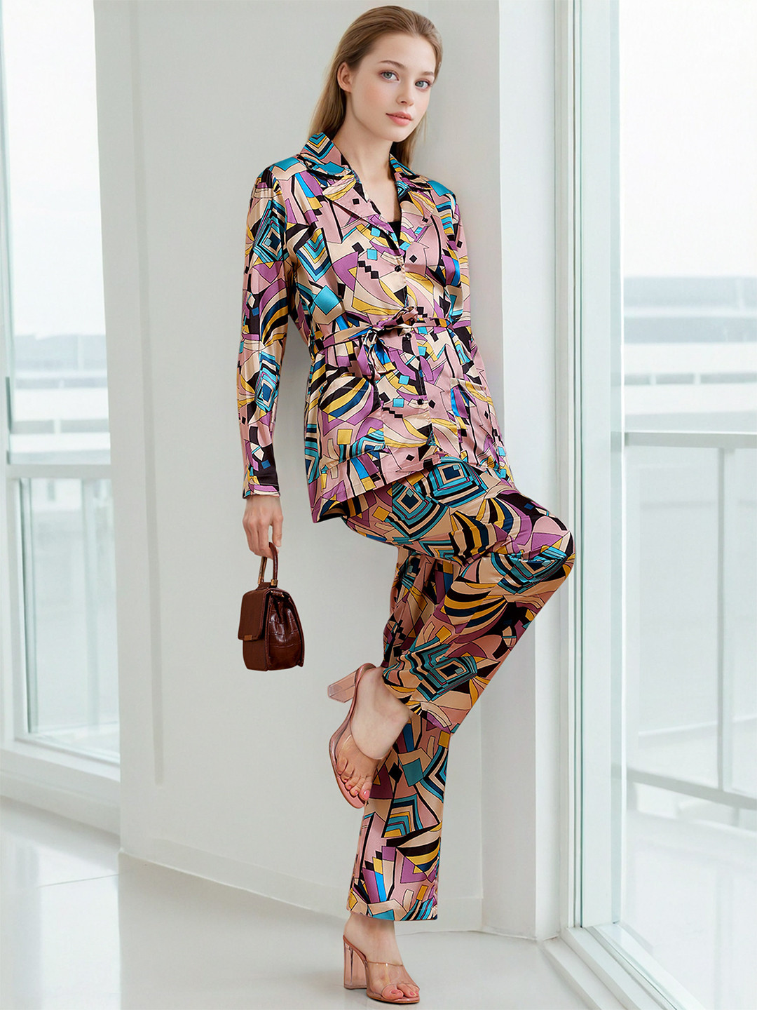 Freehand by The Indian Garage Co Geometric Printed Belted Top With Trousers