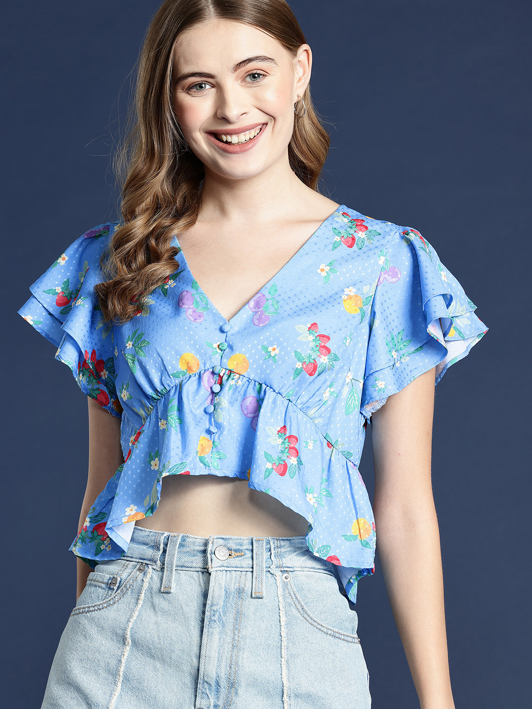 Mast & Harbour Blue Conversational Print Flared Sleeve Empire Crop Top