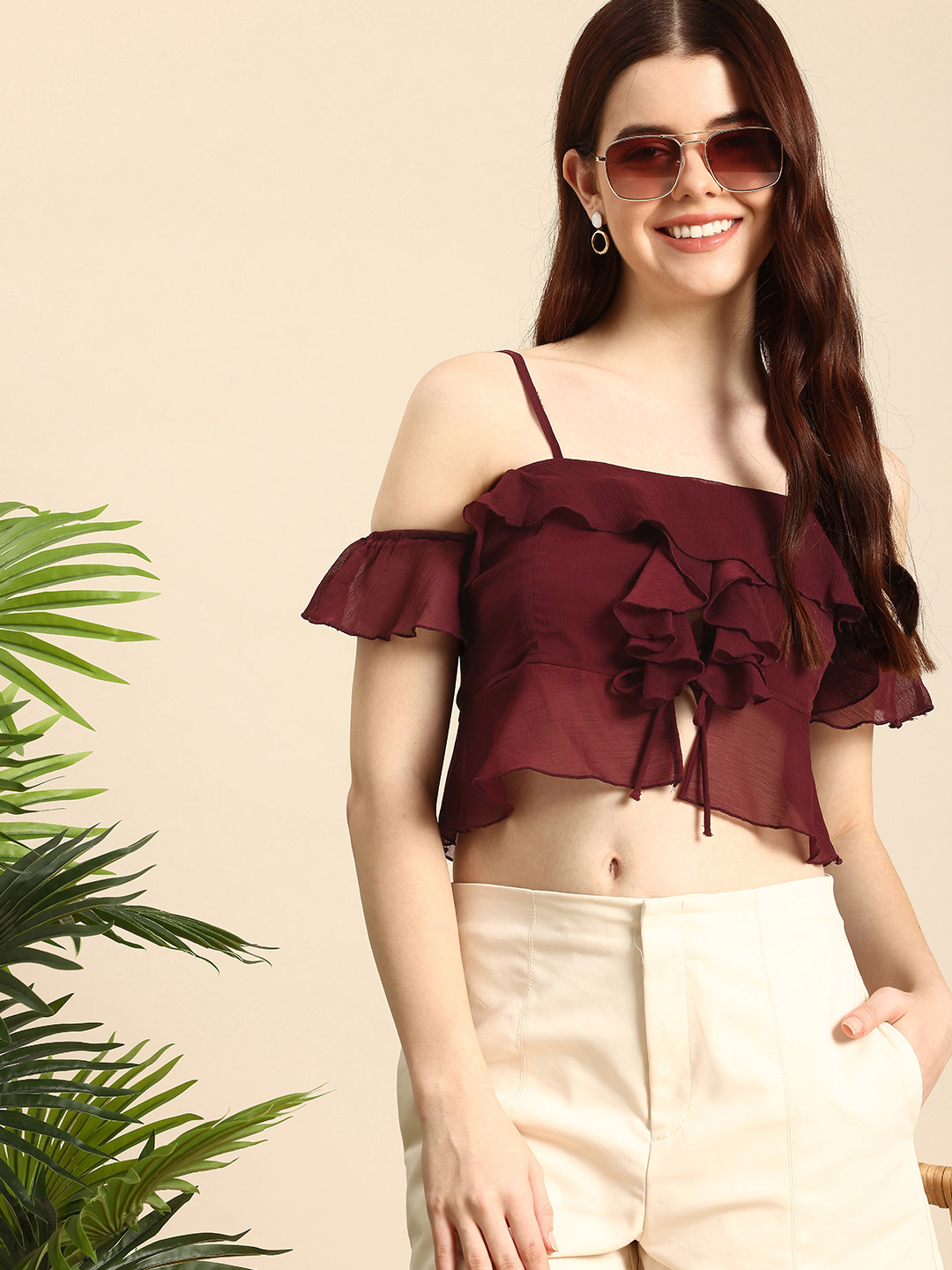 Mast & Harbour Cold-Shoulder Ruffles Tie-Up Crop Top