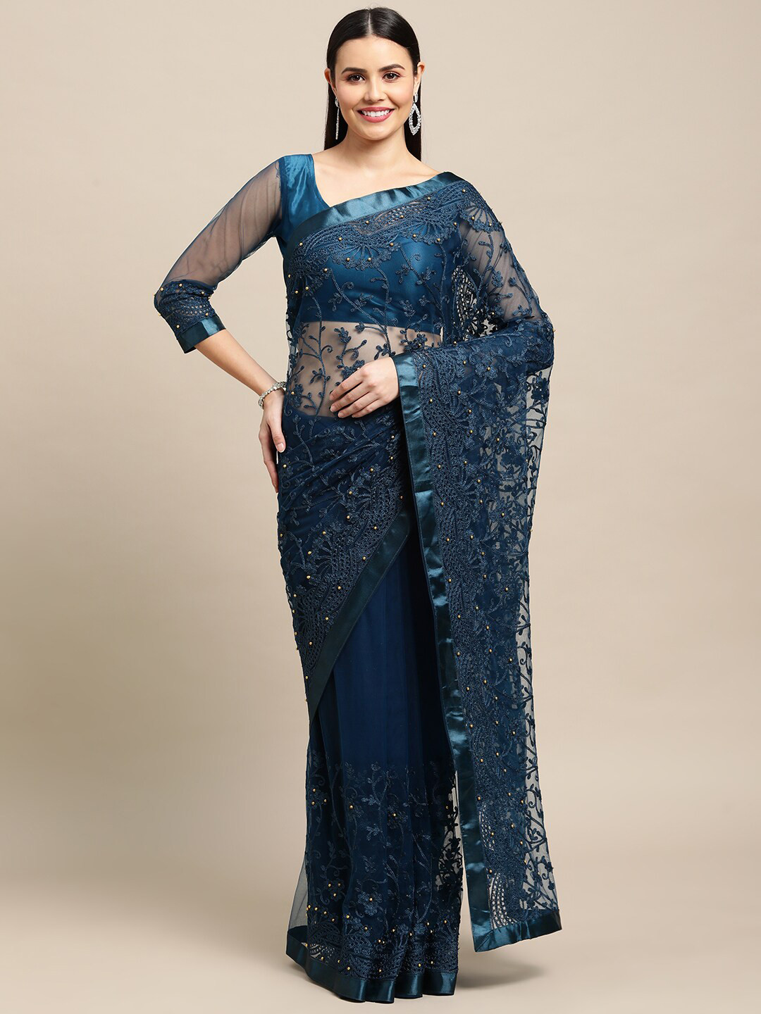 Warthy Ent Floral Embroidered Net Heavy Work Saree