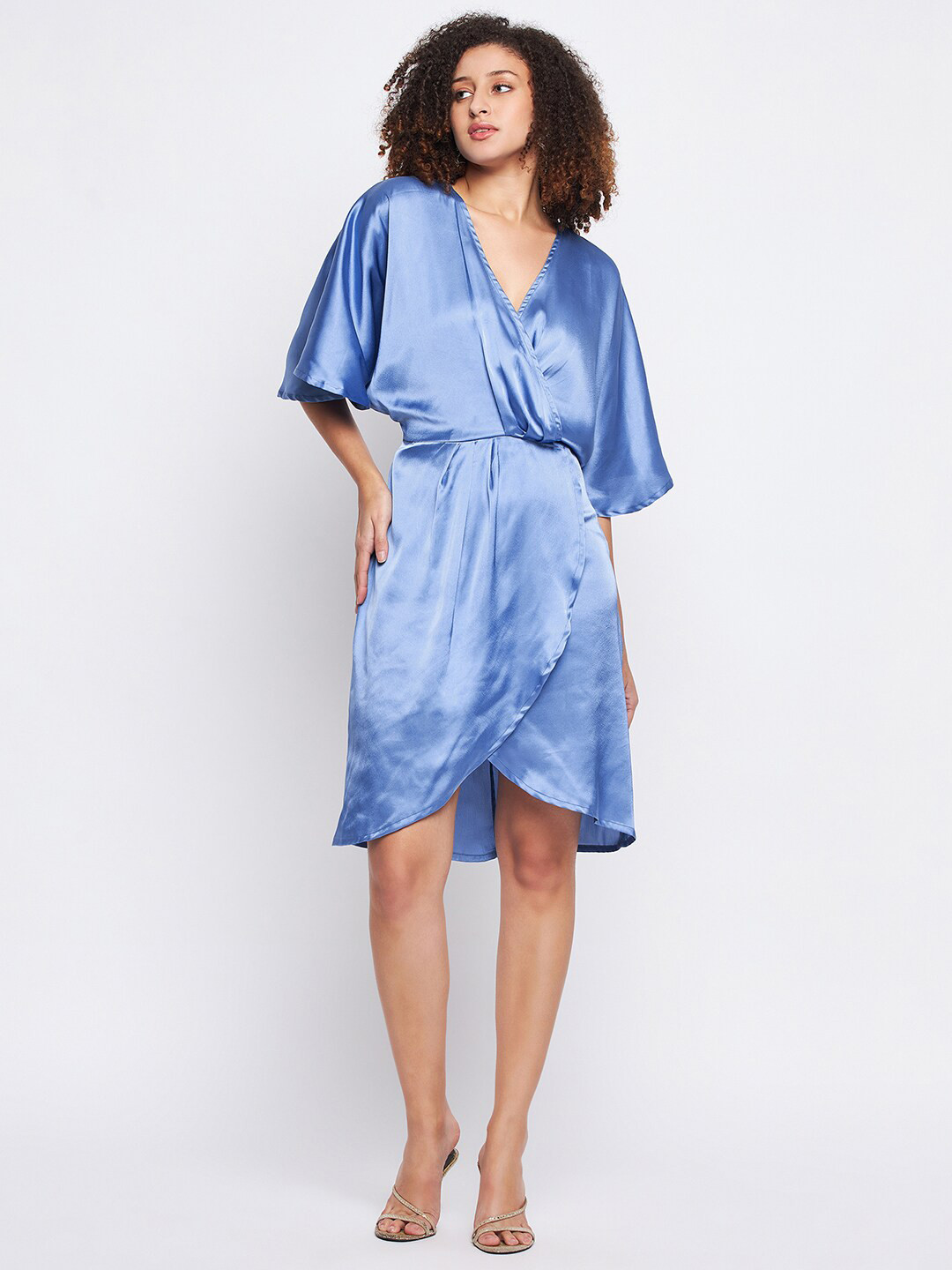 Color Cocktail V Neck Flared Sleeve Wrap Satin Dress