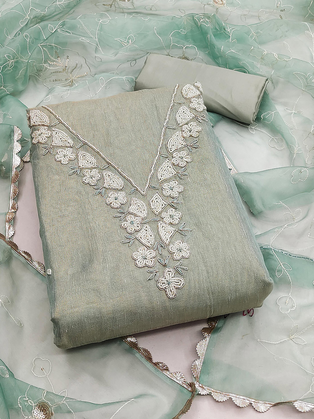 KALINI Floral Embellished Beads Deatiled Unstitched Dress Material