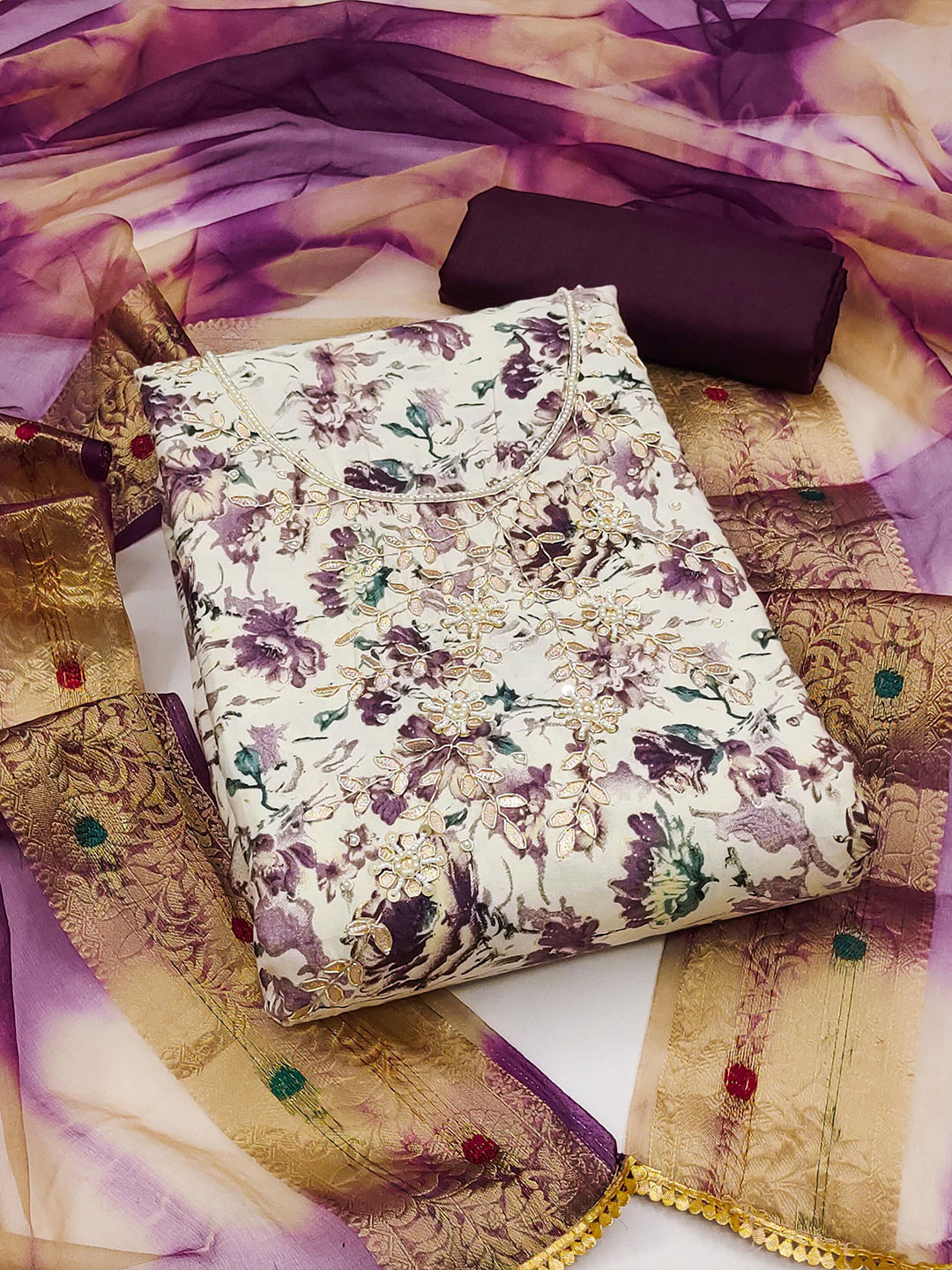KALINI Floral Printed Zari Unstitched Dress Material