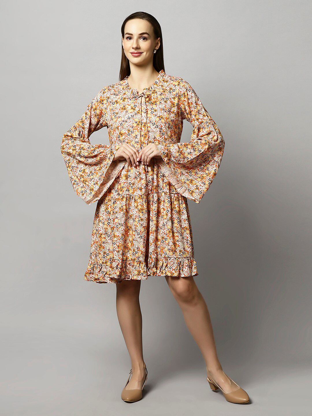 DressBerry Orange & Black Floral Print Tie-Up Neck Bell Sleeve Fit & Flare Dress