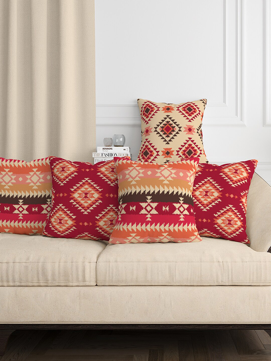 Aura Red Ethnic Motifs Cotton Canvas Durable 5 Pcs Cushion Covers - 15.7 x 15.7 Inches