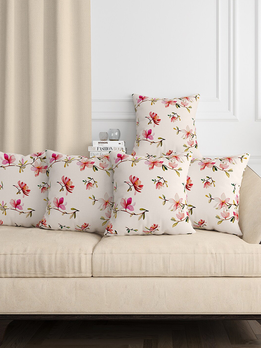 Aura Printed Cream Floral Cotton Anti-Wrinkle 5 Piece Square Cushion Covers -12x12In