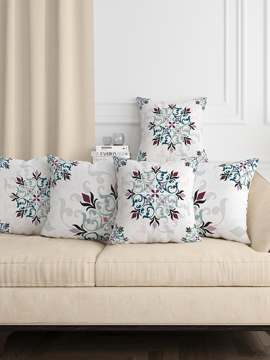 Aura Quick-Dry White Floral Polyester Silk Anti-Wrinkle 5 Pcs Cushion Covers -16x16In