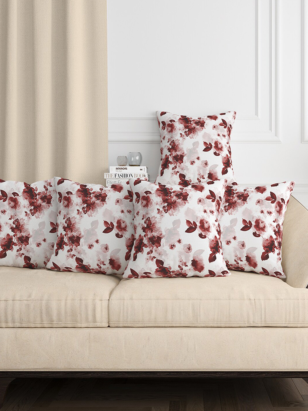 Aura Red Floral Cotton Canvas Anti-Wrinkle 5 Pcs Patchwork Cushion Covers -11.8x11.8In