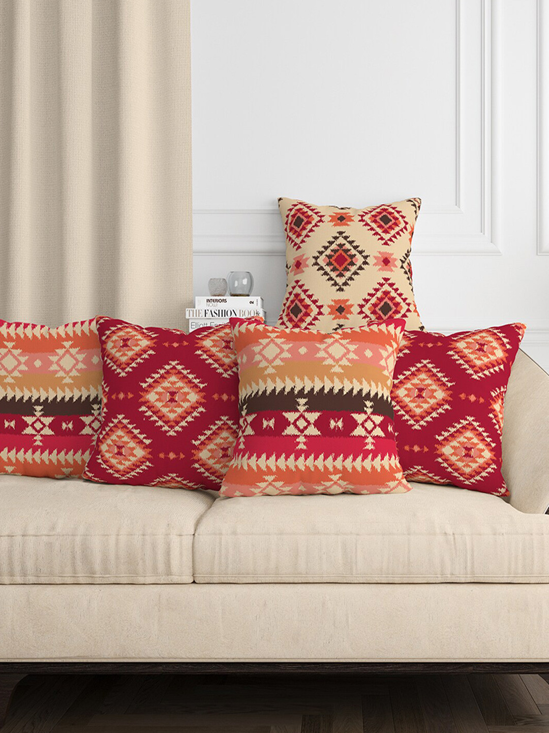 Aura Red Geometric Cotton Canvas Anti-Wrinkle 5 Piece Square Cushion Covers -18x18In