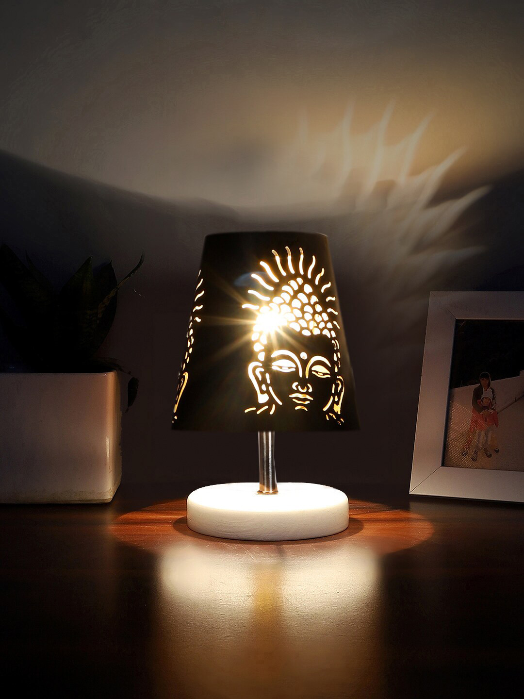 Devansh Black Metal Buddha Textured Table Lamp
