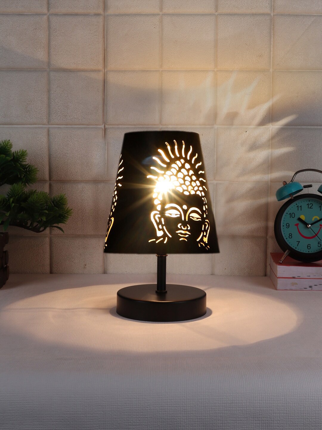 Devansh Black Metal Buddha Textured Table Lamp