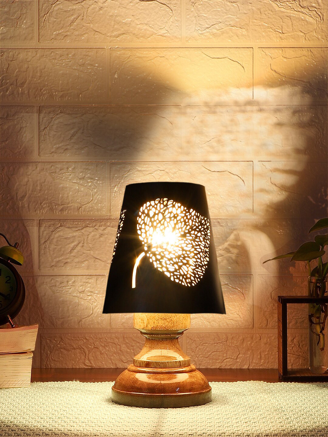 Devansh Black Leaf Textured Metal With Wooden Base Table Lamp
