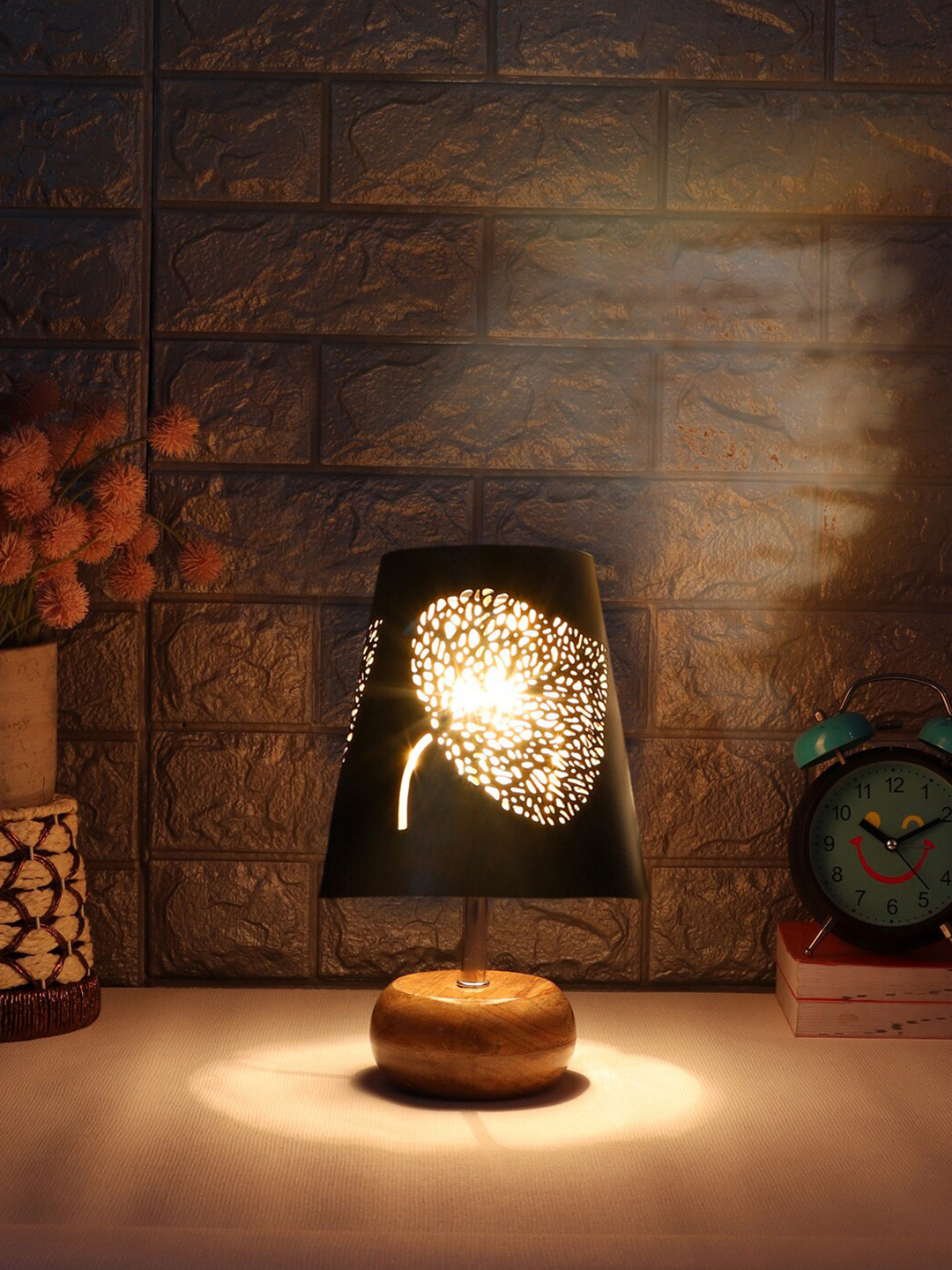 Devansh Black Leaf Textured Metal With Wooden Round Base Table Lamp