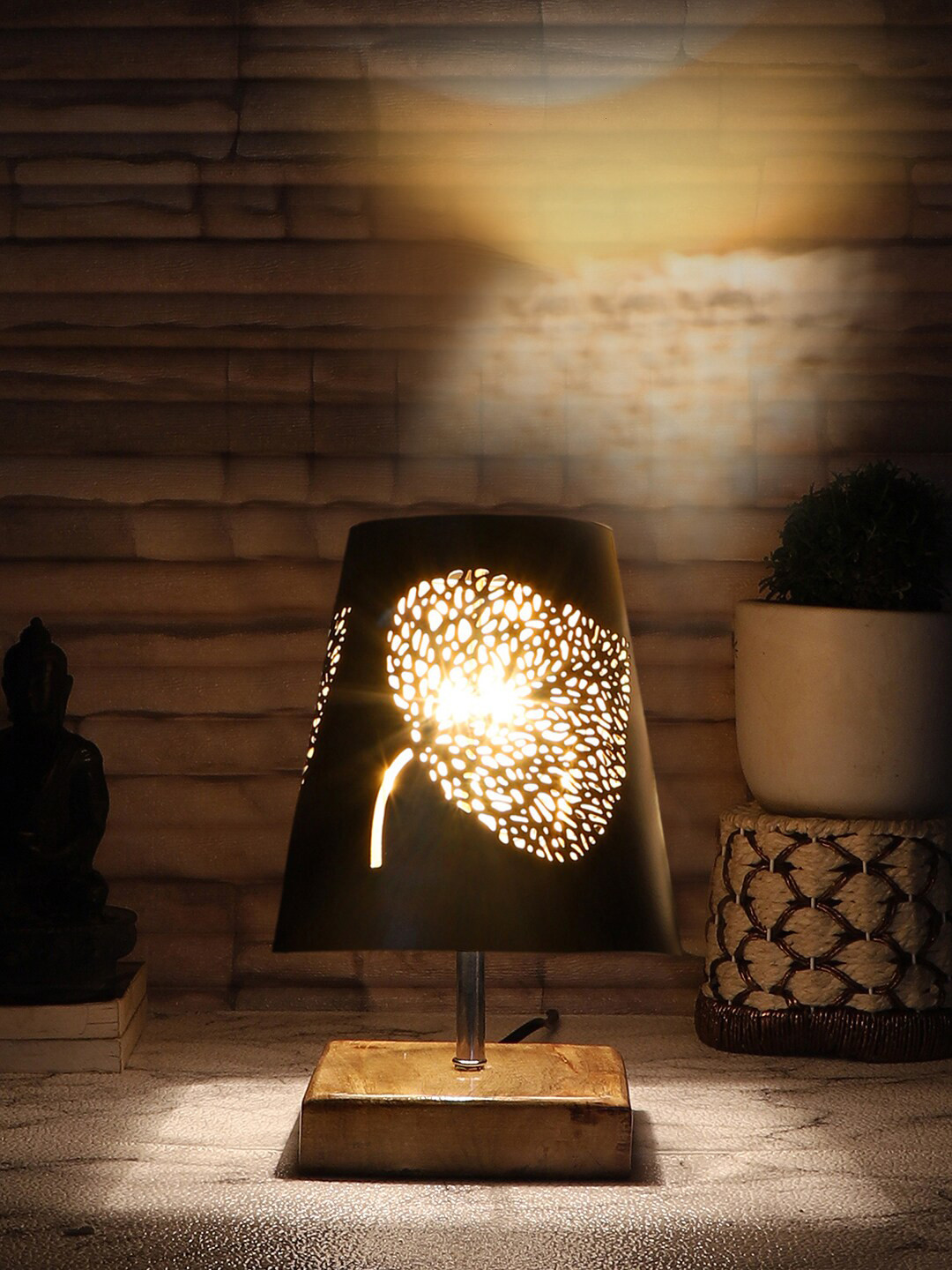 Devansh Black Leaf Textured Metal With Wooden Round Base Table Lamp