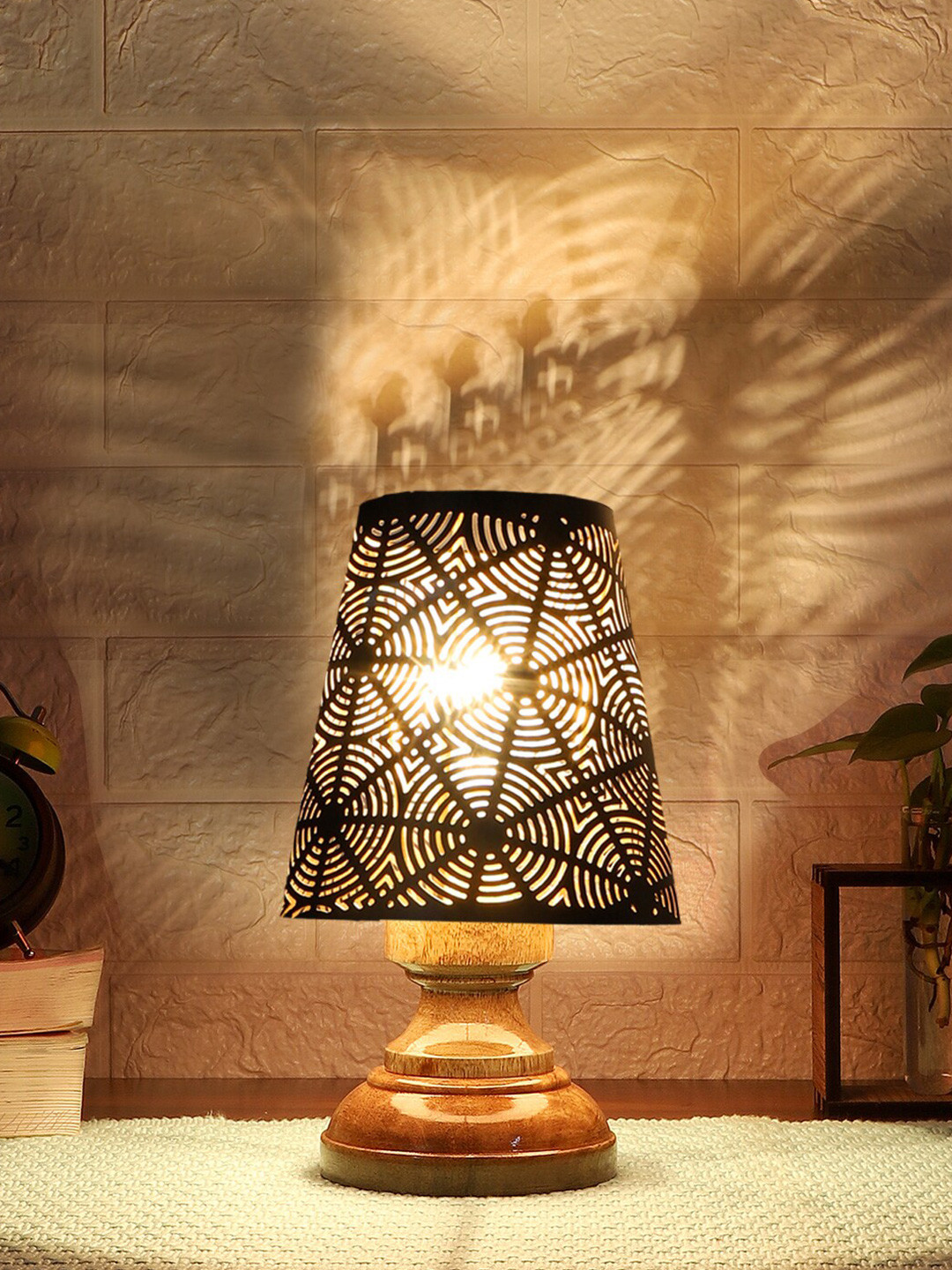 Devansh Black Textured Metal with wooden Round Base Table Lamps