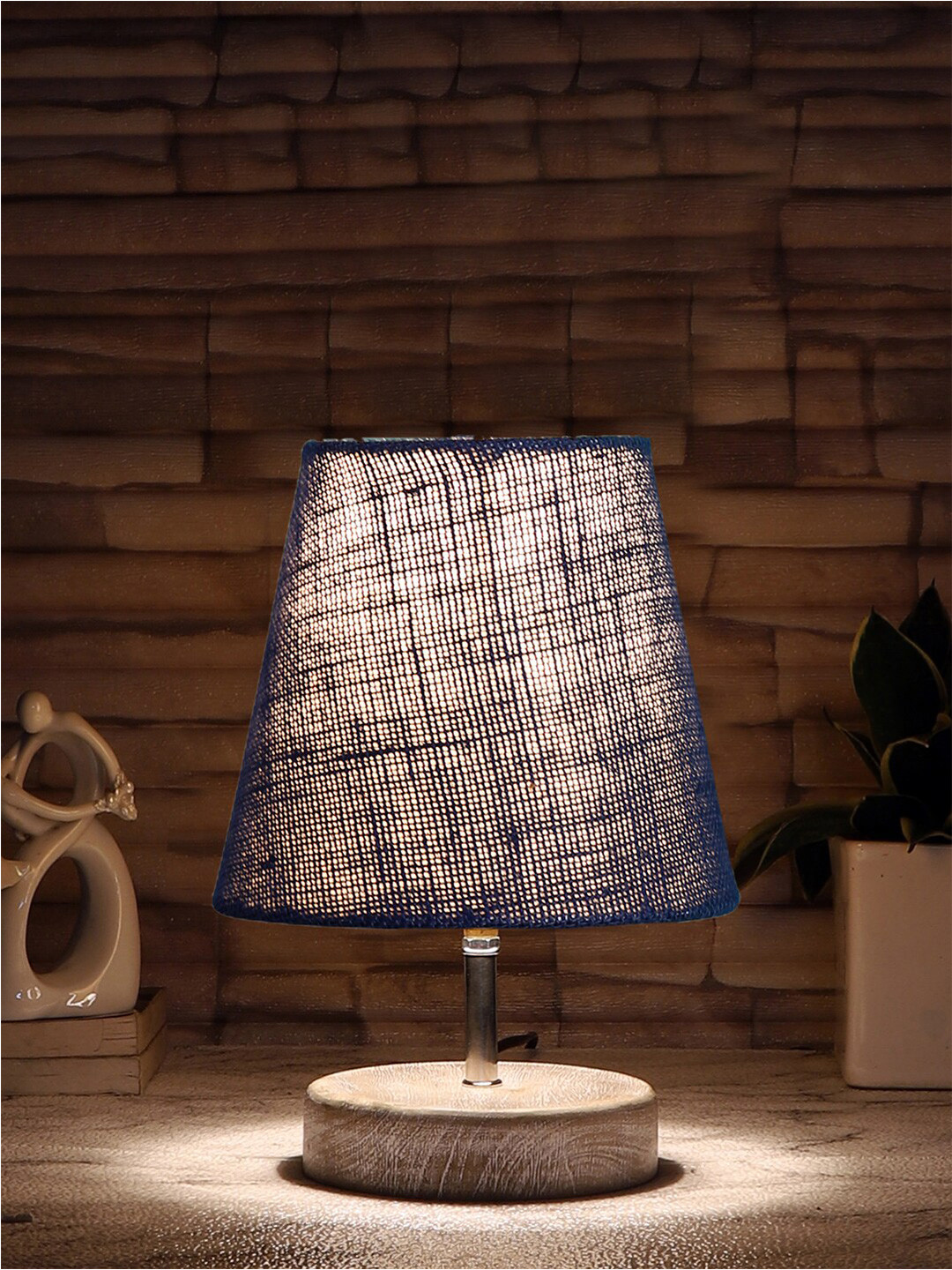 Devansh Blue Jute Round white brushed wood Table Lamp