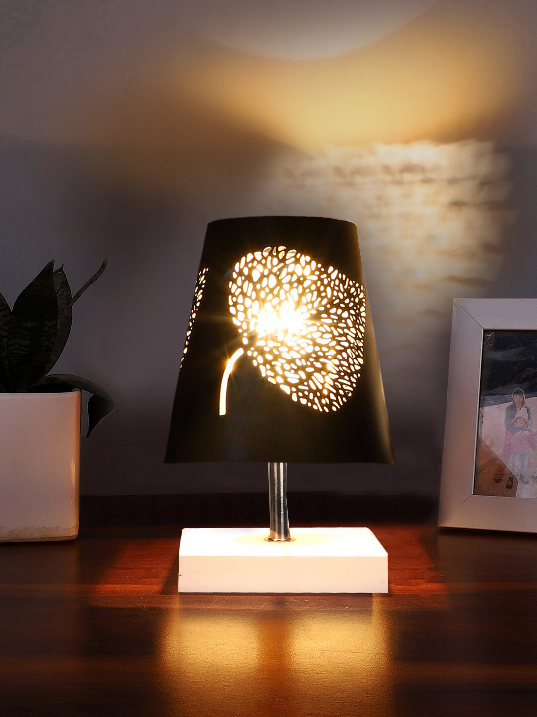 Devansh Black Leaf Textured Metal With Wooden Square Base Table Lamp