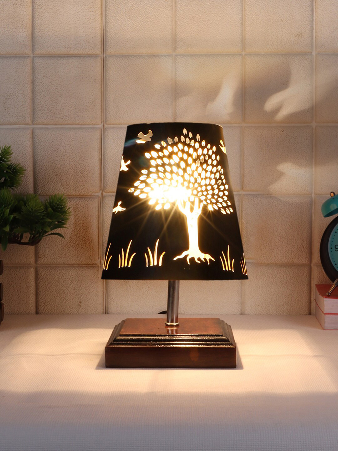 Devansh Black Textured Metal With wood Square Base Table Lamp