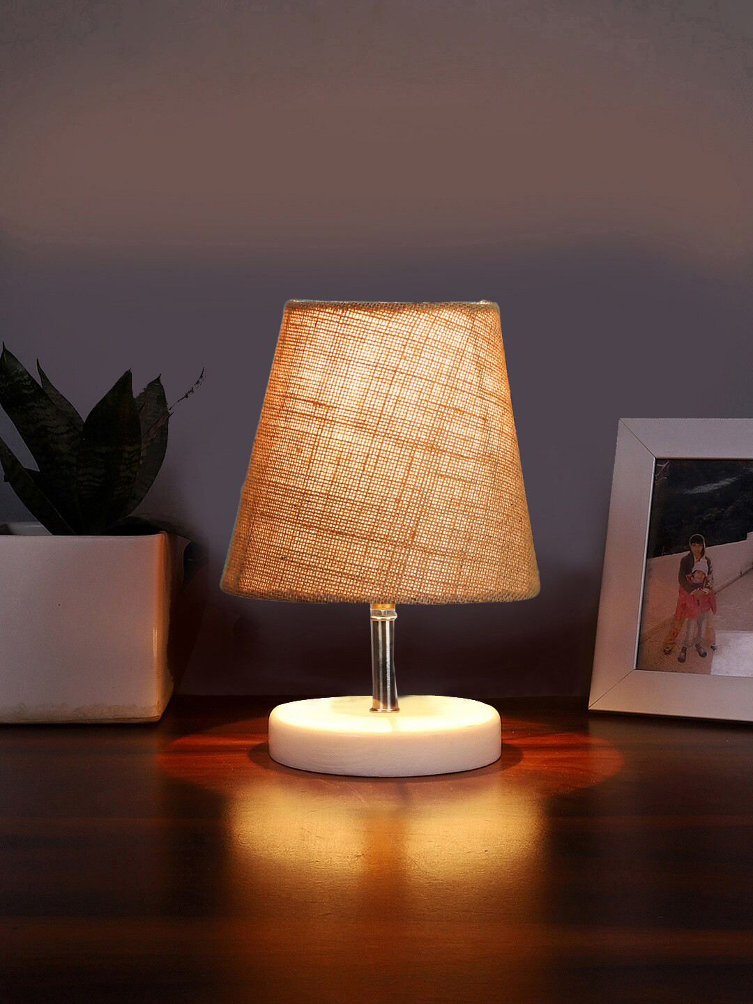 Devansh Beige Jute Round Wooden white Table Lamp