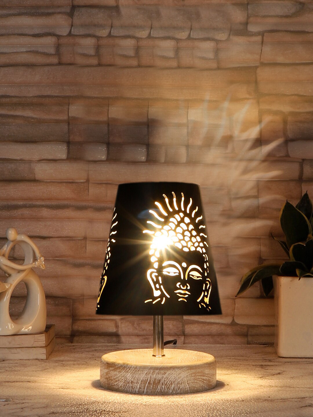 Devansh Black Textured Metal With wood Round Base Table Lamp