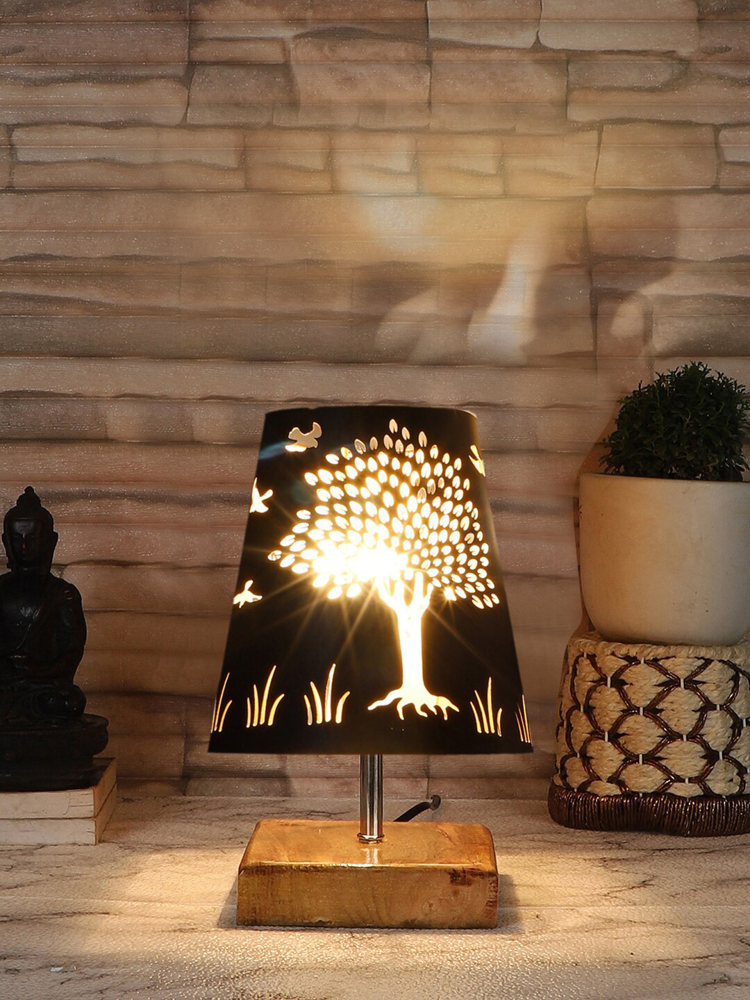 Devansh Black Textured Metal With wood Square Base Table Lamp