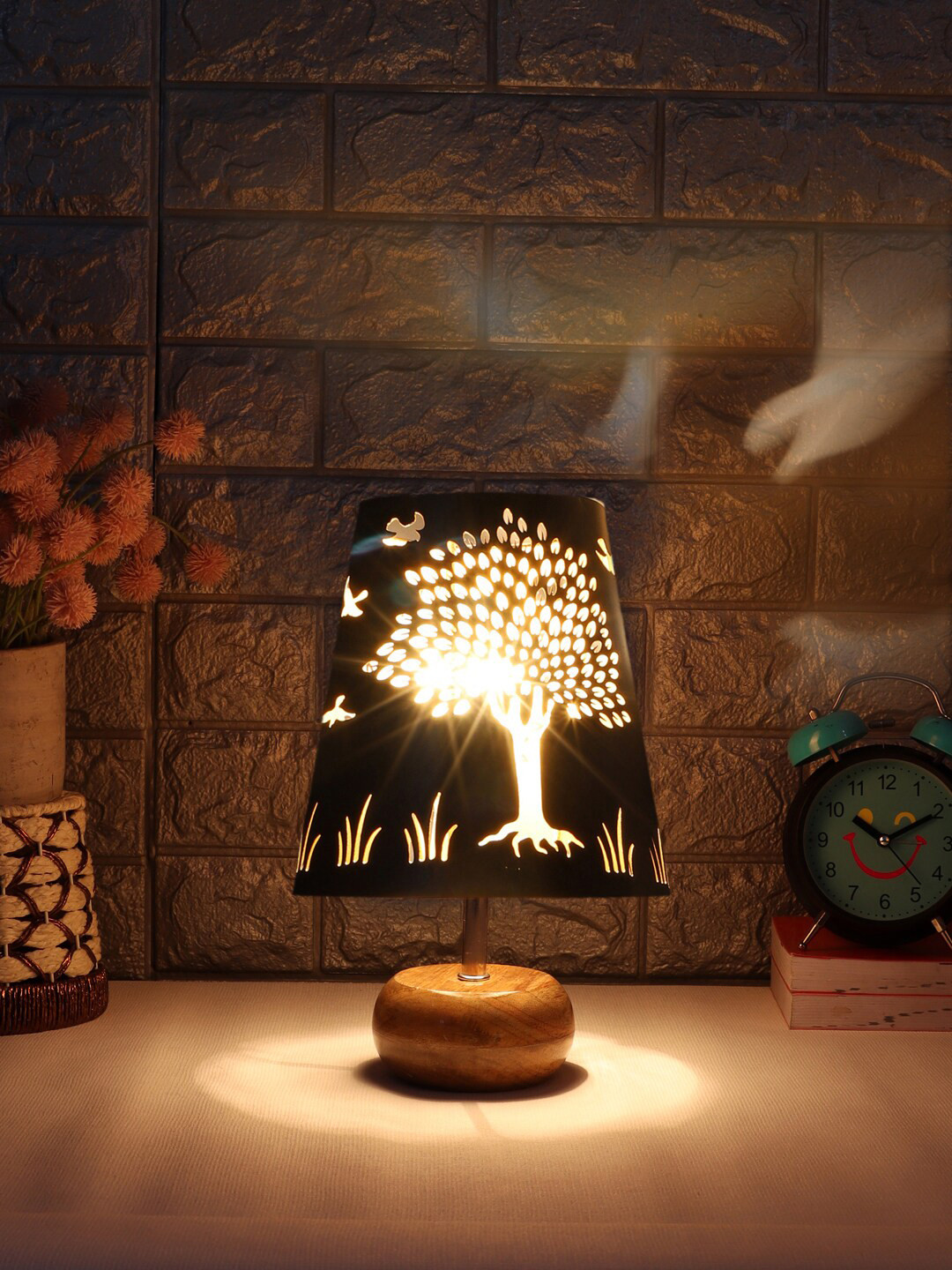 Devansh Black Textured Metal With wood Round Base Table Lamp