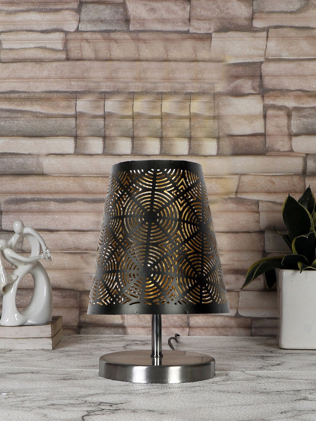 Devansh Black & Silver Toned Metal Printed Contemporary Table Lamp