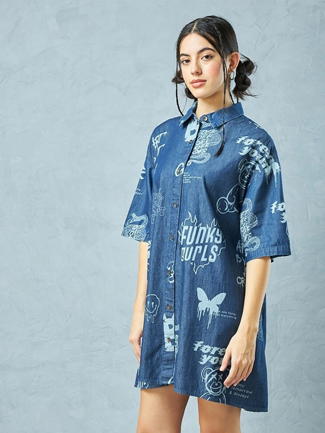 Bewakoof Typography Printed Shirt Collar Denim Cotton Oversized Mini Shirt Dress