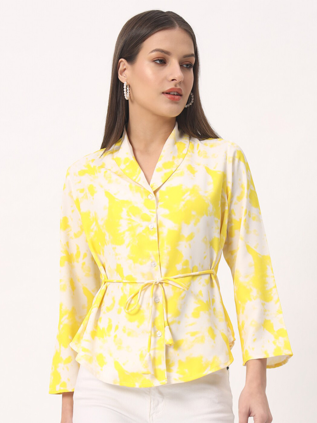 angloindu Tie and Dye Opaque Shirt Collar Full Sleeves Waist Tie-Ups Casual Top