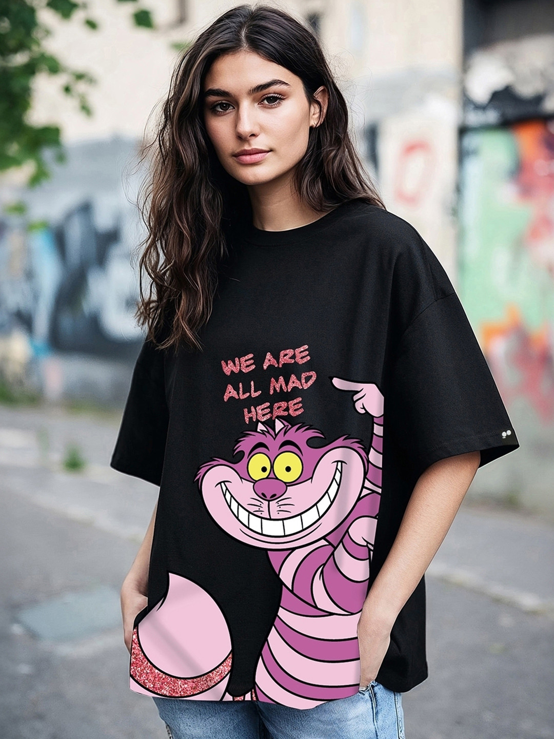 Bewakoof Cat Graphic Printed Drop-Shoulder Sleeves Oversized Pure Cotton T-shirt