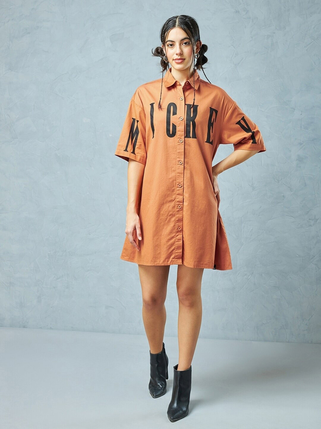 Bewakoof Mickey Mouse Printed Shirt Collar Pure Cotton Oversized Mini Shirt Dress