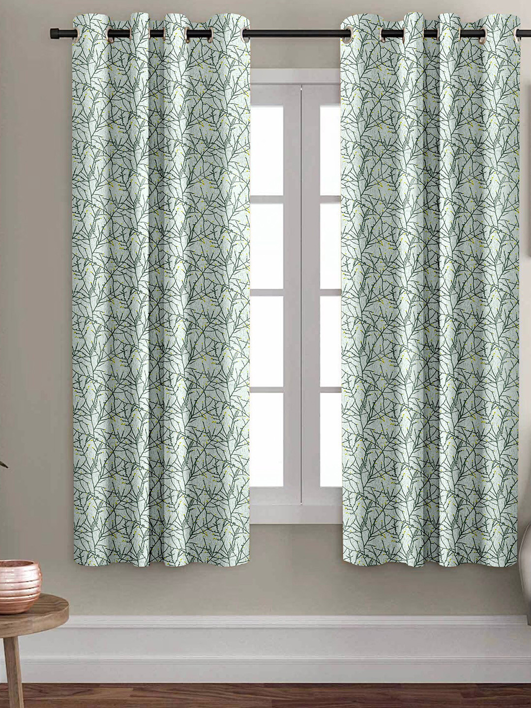Aura Grey & Green 2 Pcs Abstract Printed Room Darkening Window Curtains