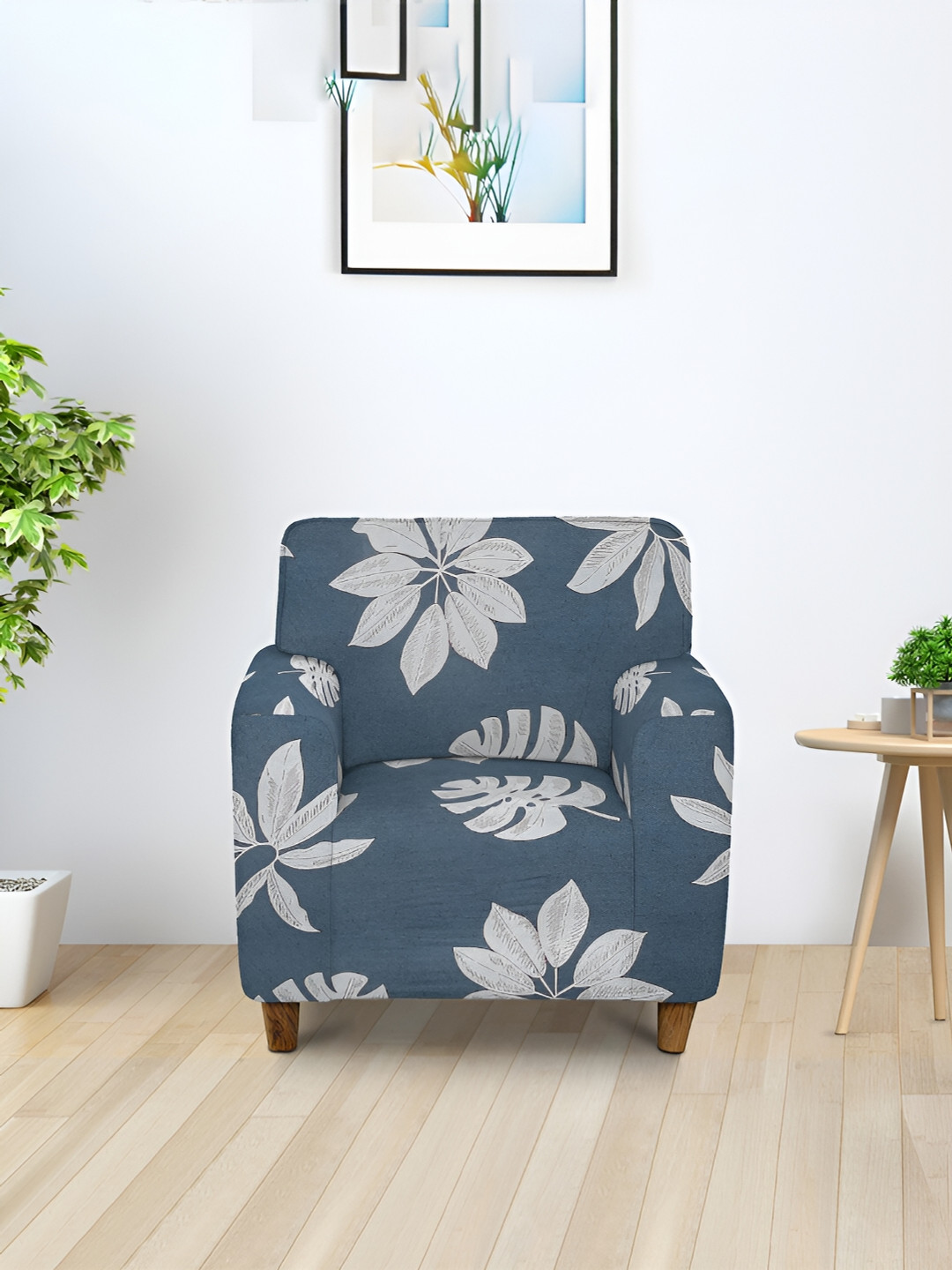 Aura Grey & White Printed Sofa Stretchable One Seater Cover With Arms