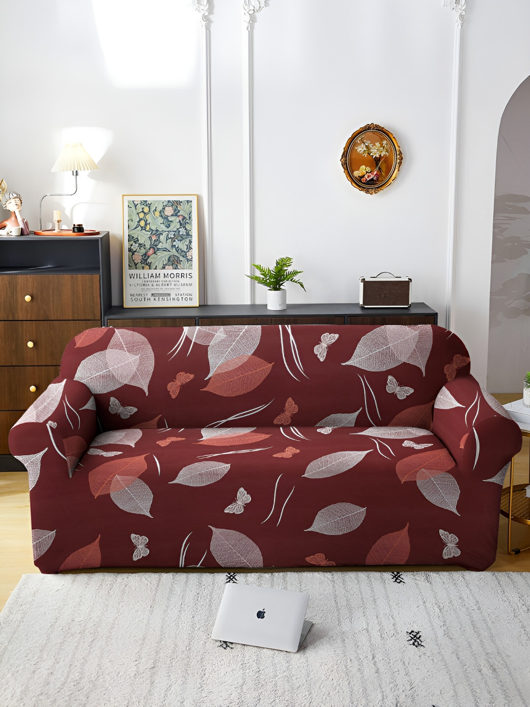 Aura Burgundy & White Printed Elasticated Sofa Cover With Arms