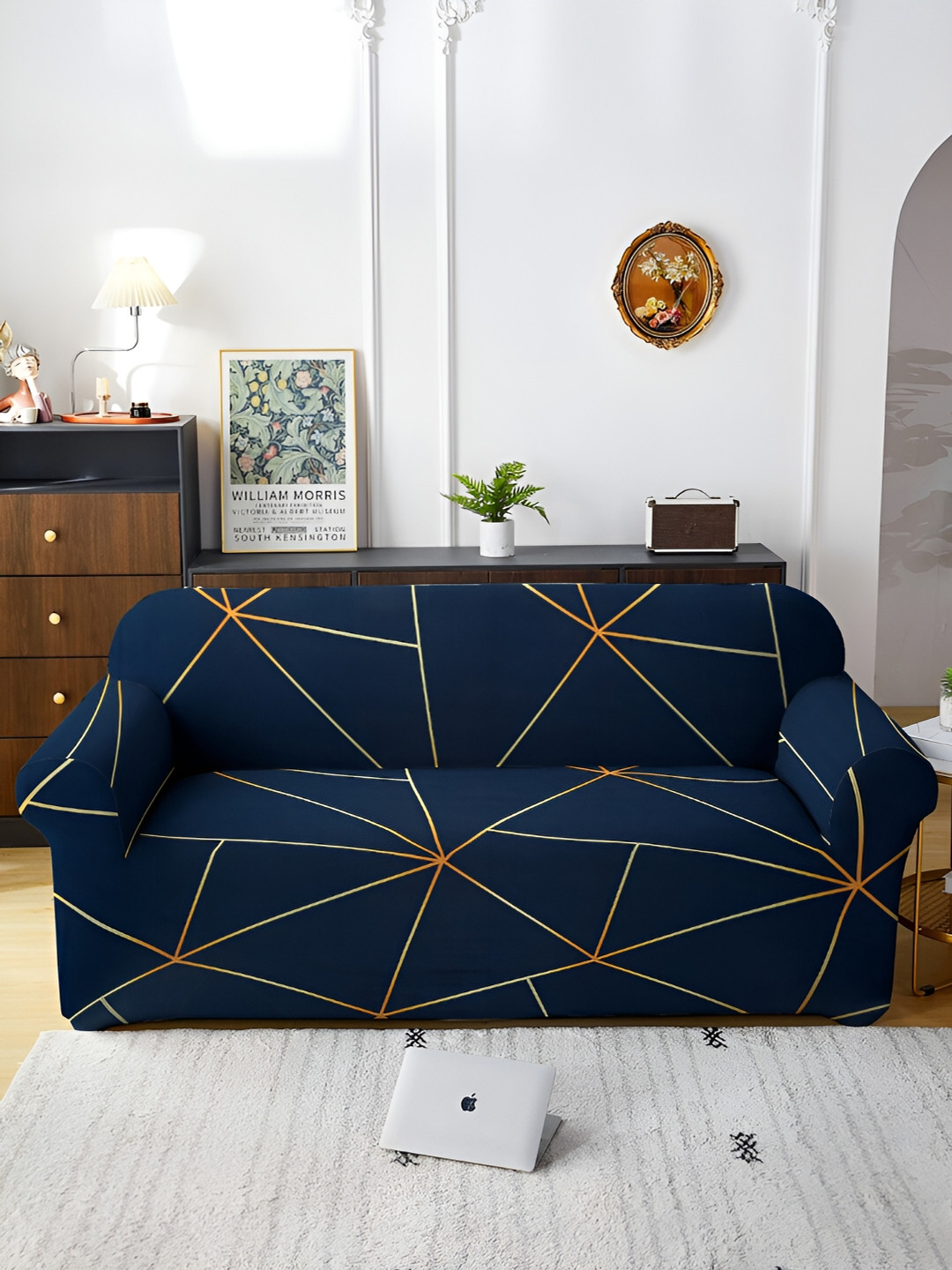 Aura Navy Blue & Orange Printed Elasticated Sofa Cover With Arms