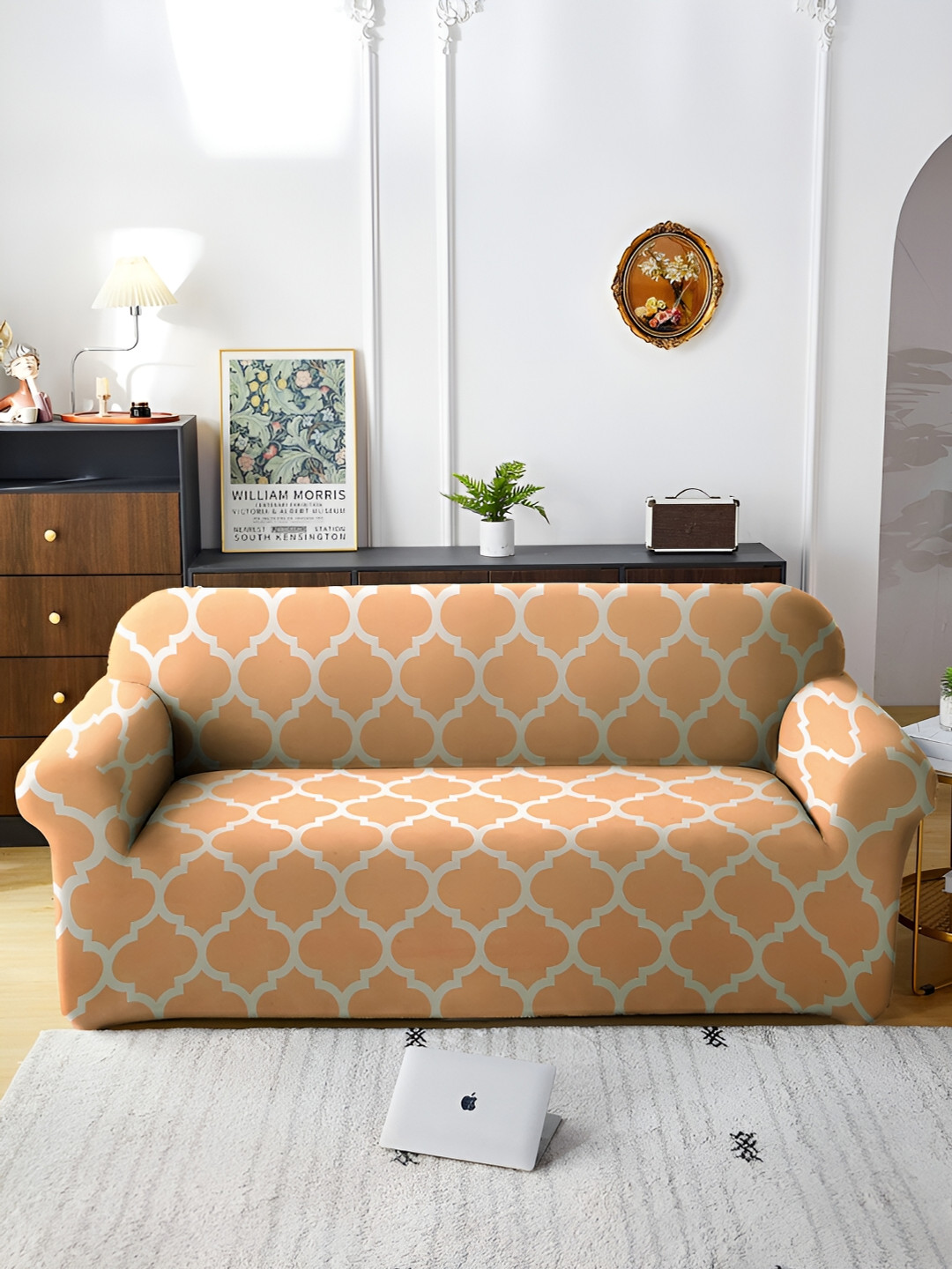 Aura Orange & Off White Printed Stretchable Sofa Cover With Arms