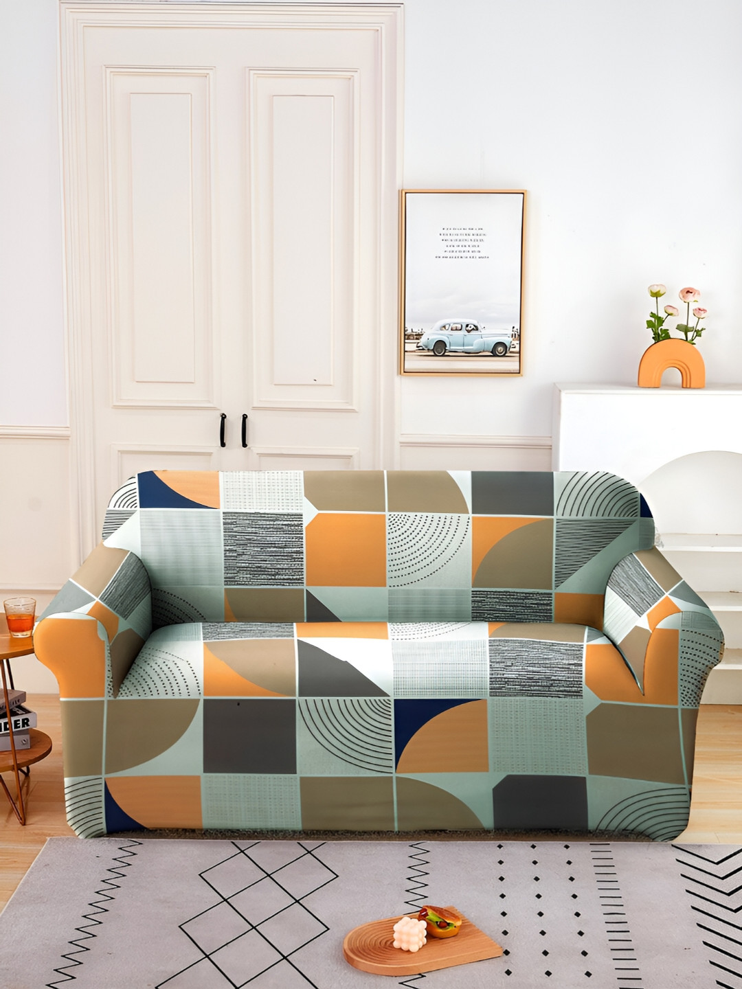 Aura Stretchable Blue Geometric Polyester Stretch Fit Straight 2 Seater Sofa Cover-57x73In