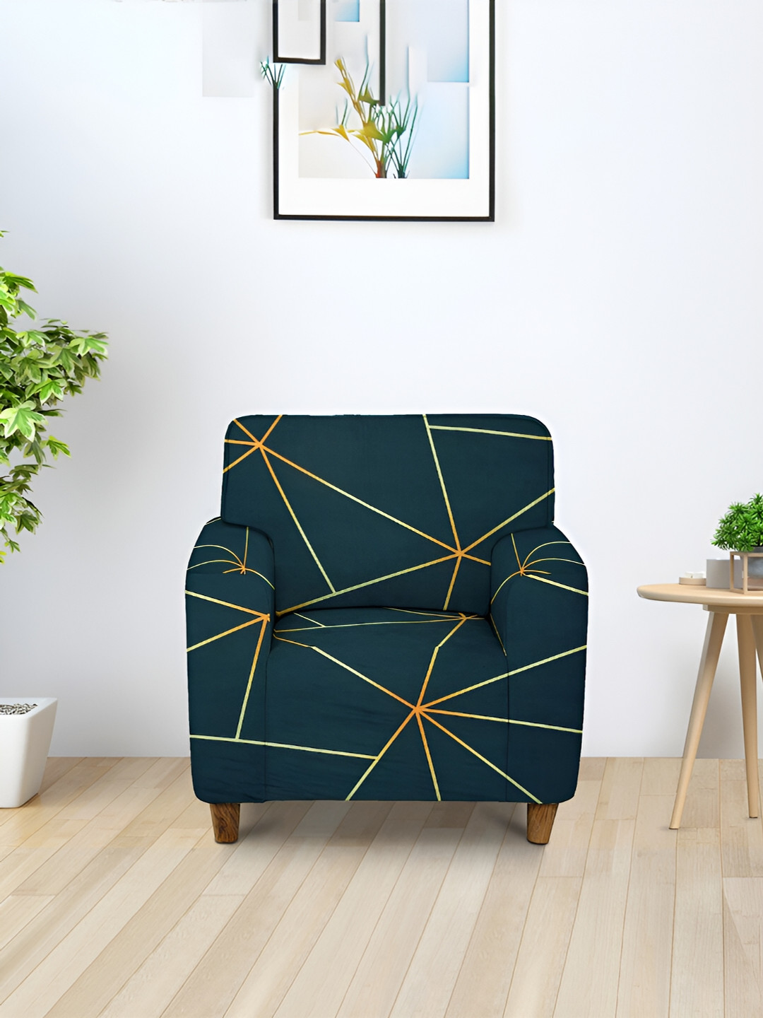 Aura Stretchable Geometric Polyester Stretch Fit Straight Single Seater Sofa Cover-35x57In