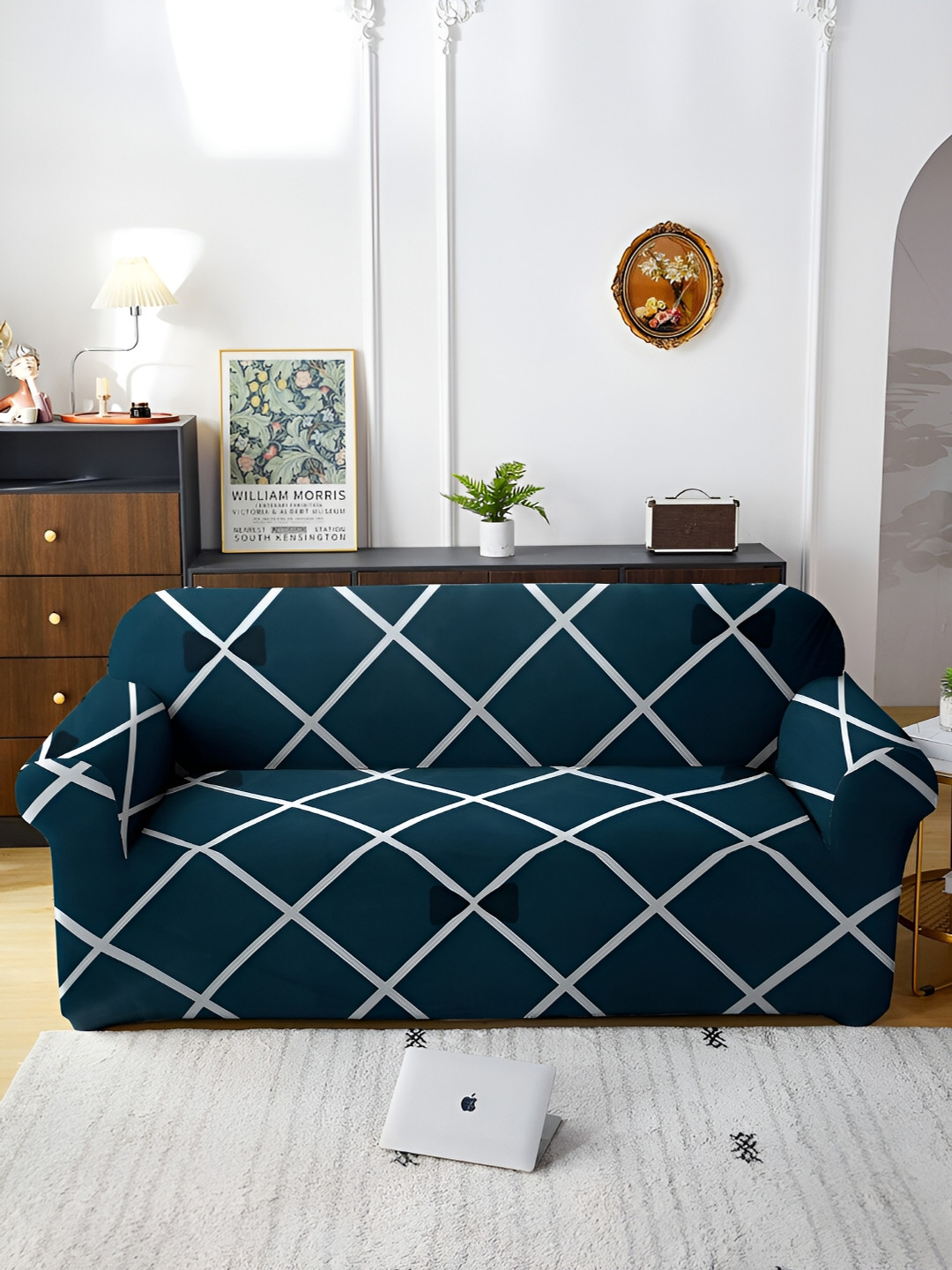 Aura Teal Green & White Checked Printed Sofa Cover With Arms