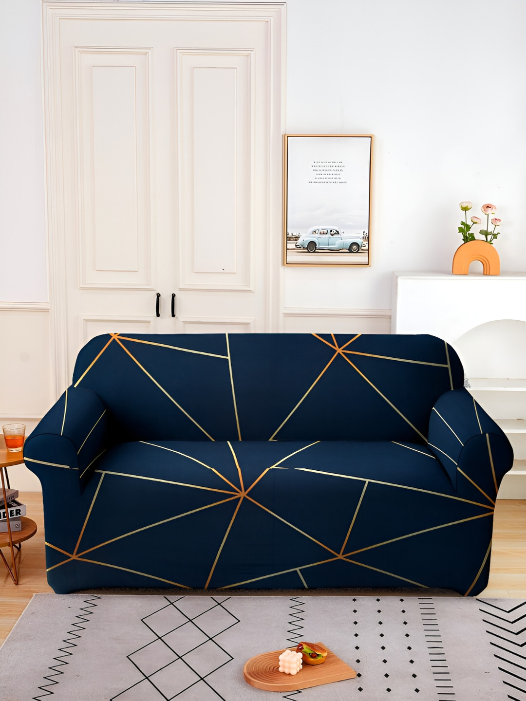 Aura Navy Blue & Gold-Toned Printed 2 Seater Sofa Cover