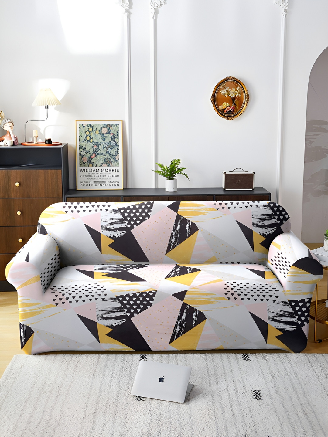 Aura White & Black Printed Stretchable Sofa Cover With Arms