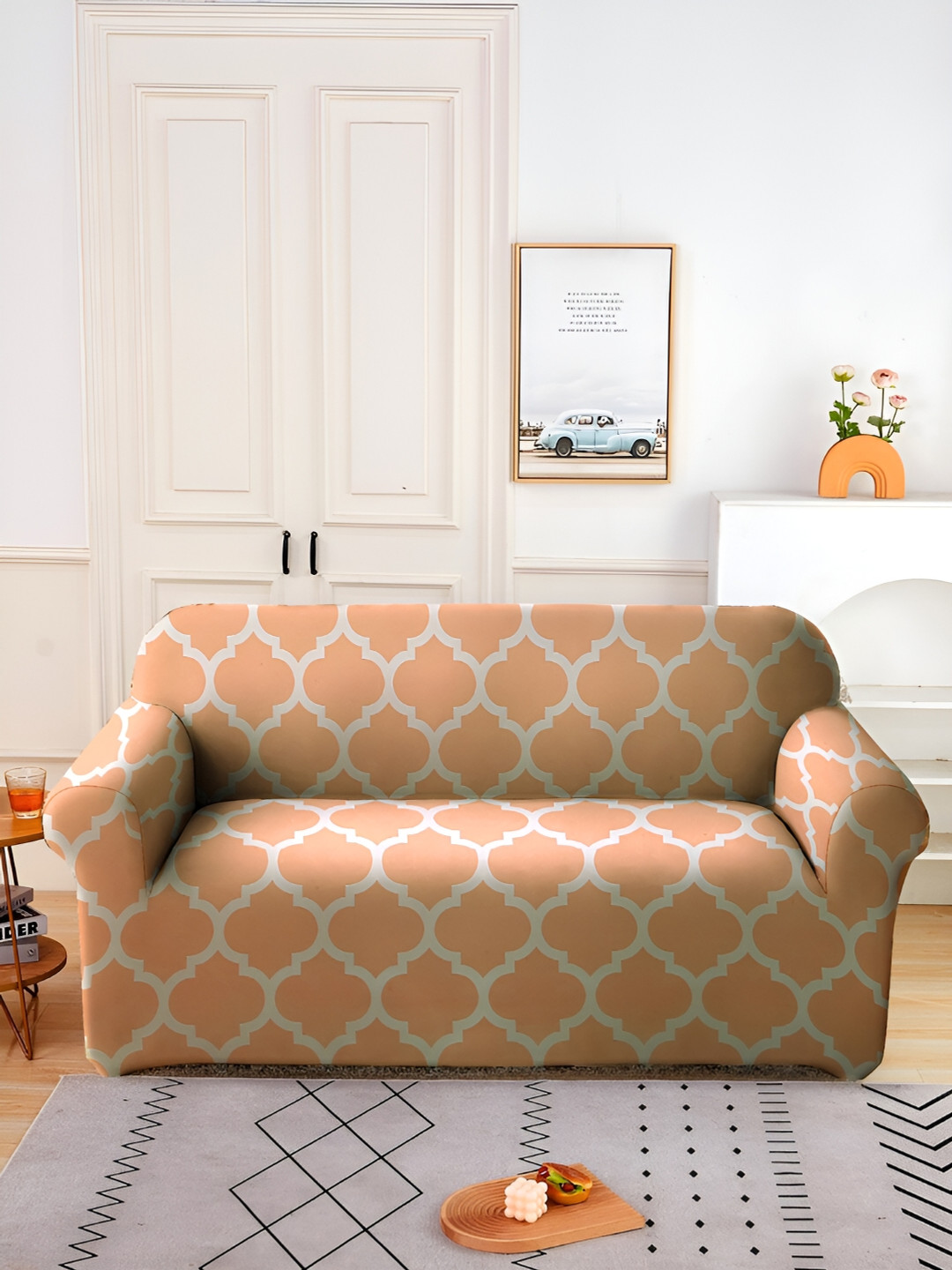 Aura Orange & White Printed Stretchable Sofa Cover With Arms