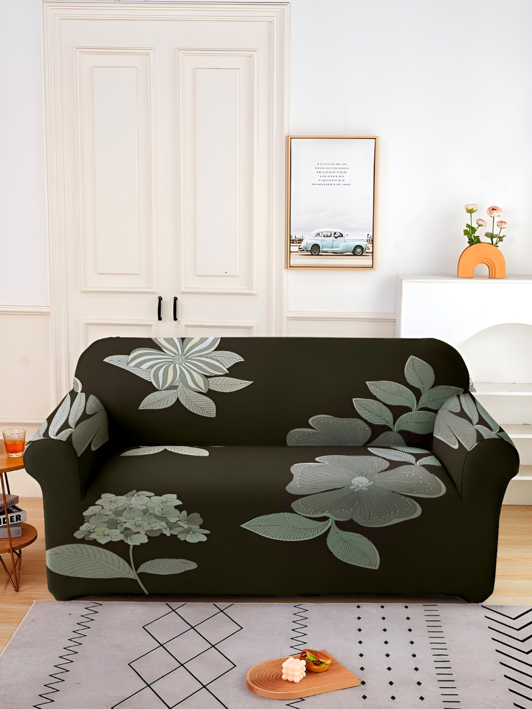 Aura Brown & White Floral Printed Stretchable Two Seater Sofa Cover