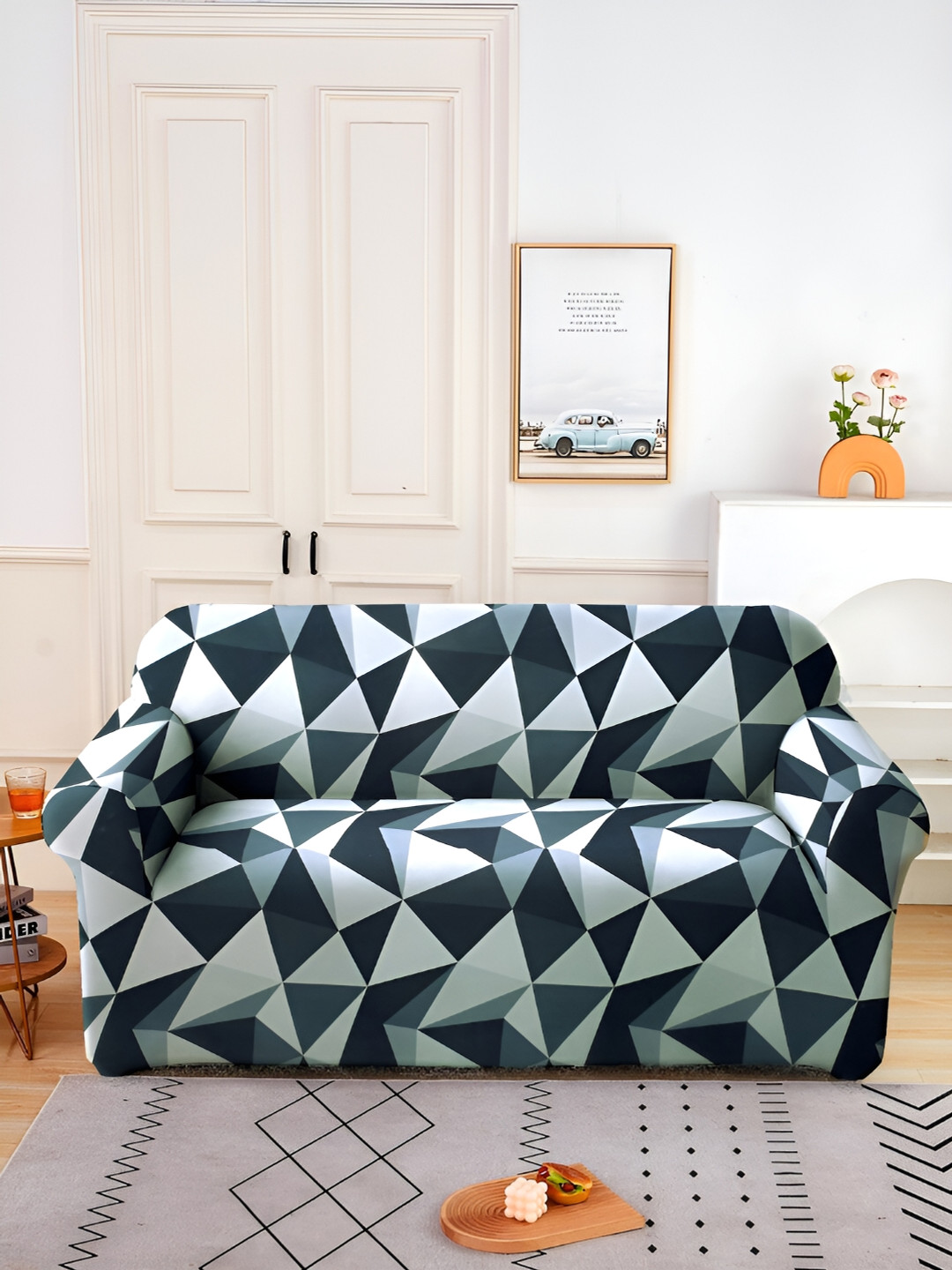 Aura Stretchable Geometric Polyester Stretch Fit Straight 2 Seater Sofa Cover-57x73In