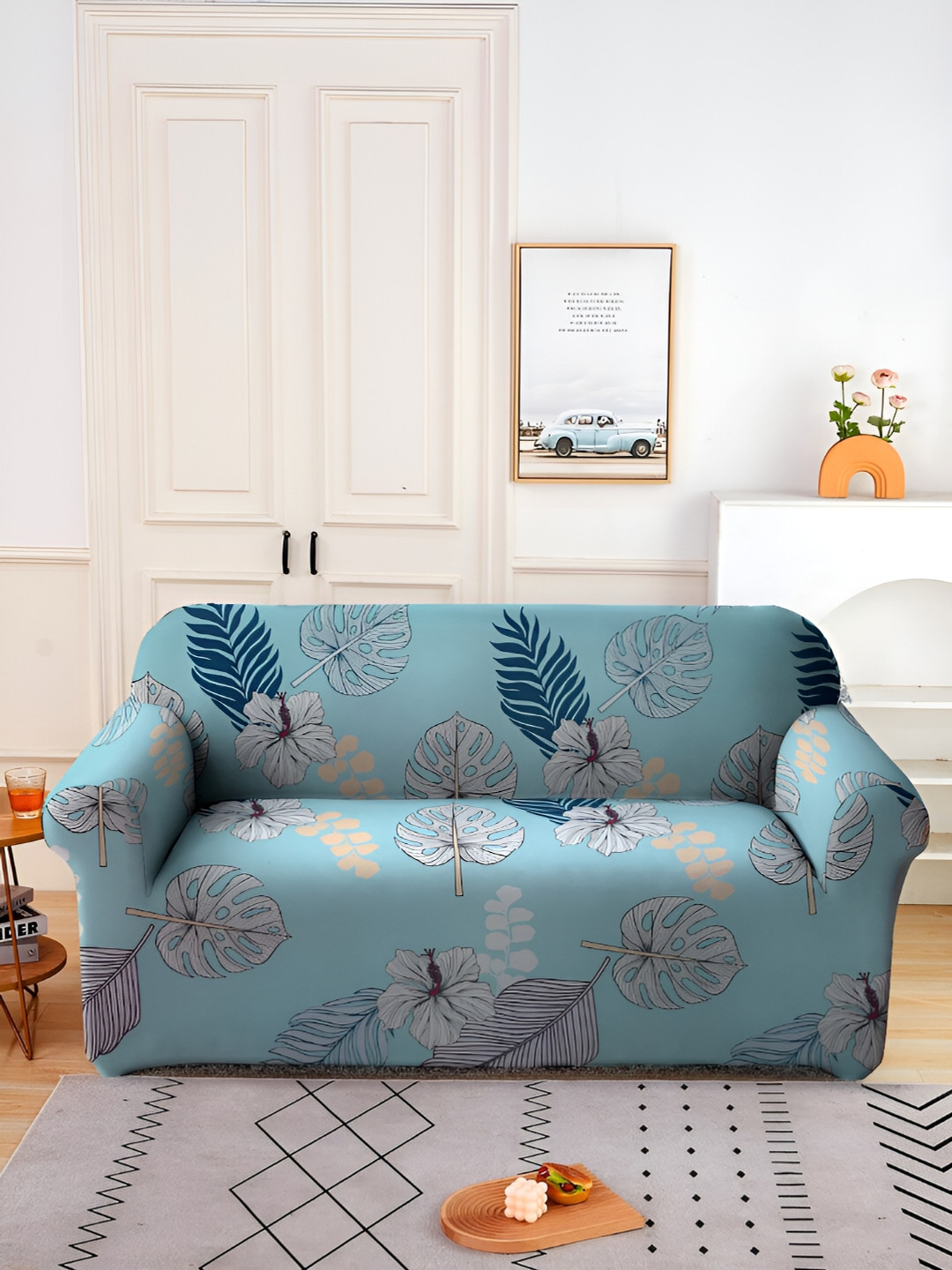 Aura Stretchable Blue Leaf Polyester Stretch Fit Straight 2 Seater Sofa Cover-57x73In
