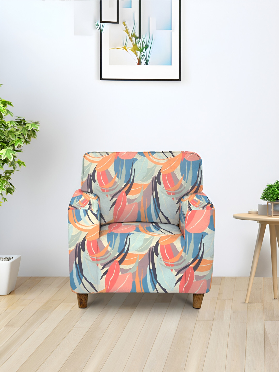 Aura Blue & Orange Abstract Printed Sofa Cover With Arms