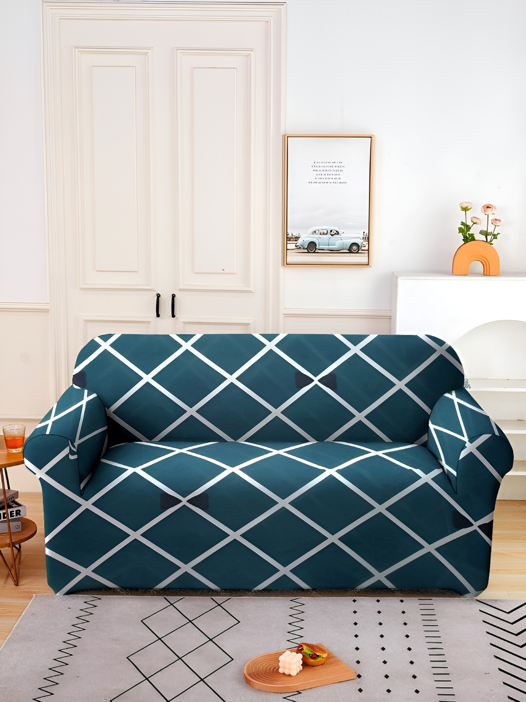 Aura Blue & White Ckecked Stretchable Two Seater Sofa Cover