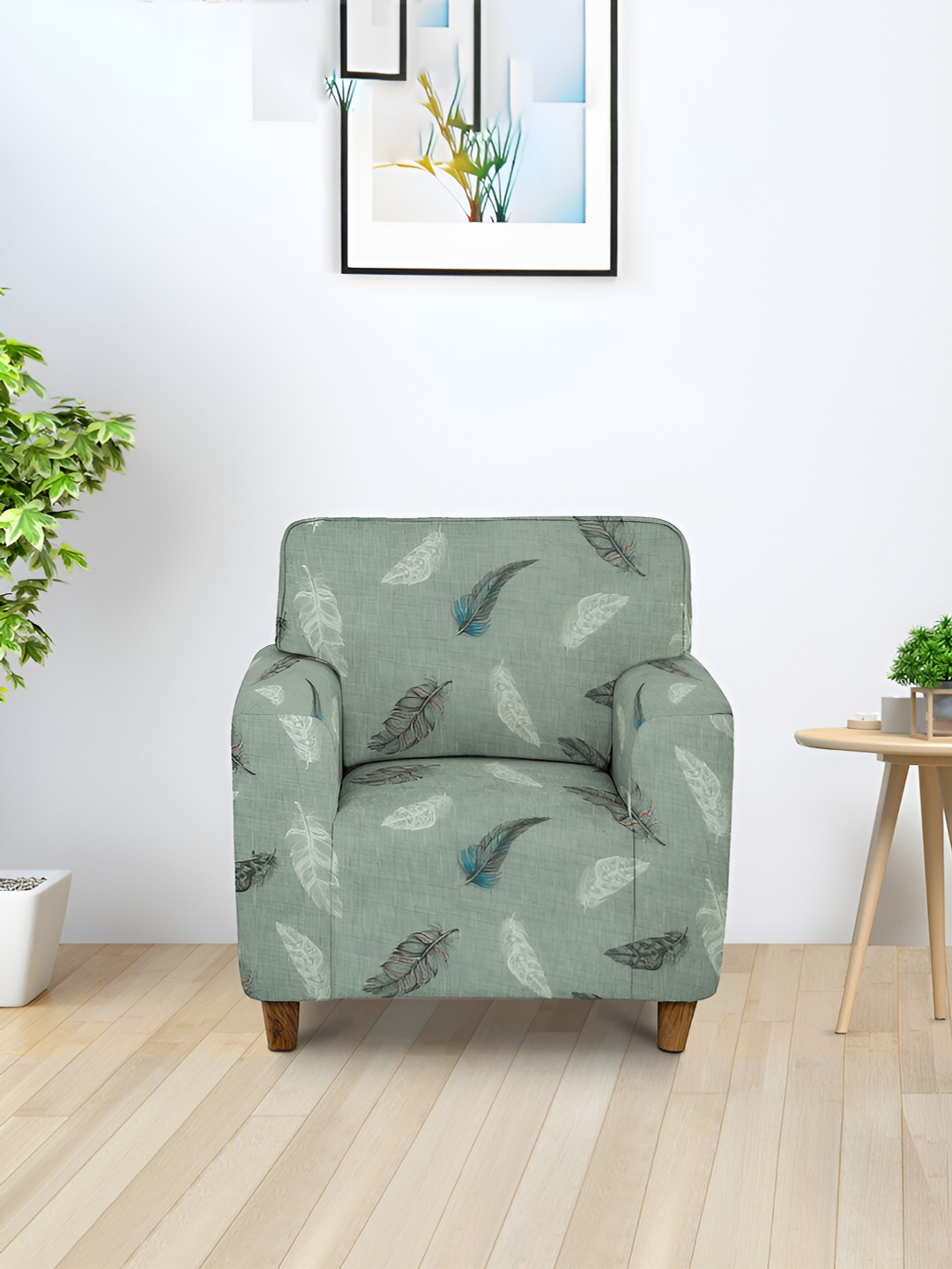 Aura Green & White Stretchable Printed  Seater Sofa Cover