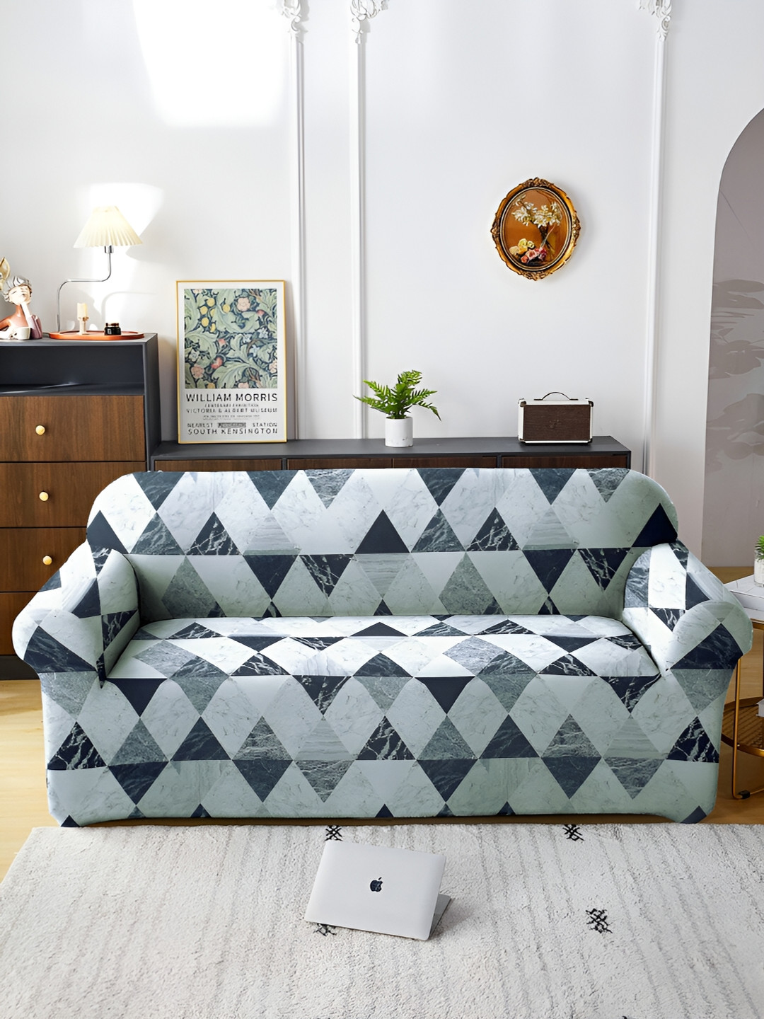 Aura Black & Grey Geometric Printed Stretchable Three Seater Sofa Cover
